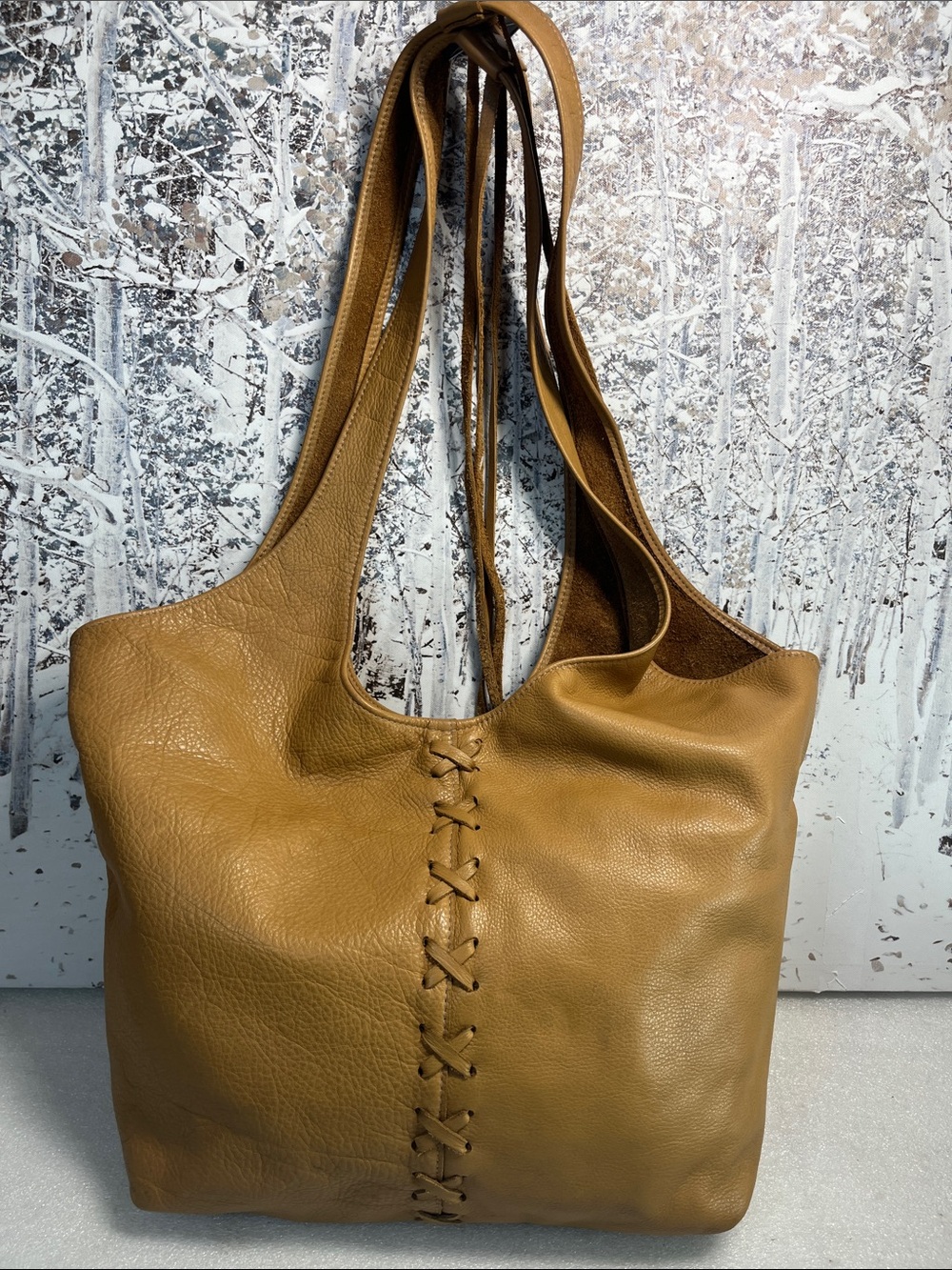 Jess Conti Tan Leather Bag with Woven Lace Center Detail